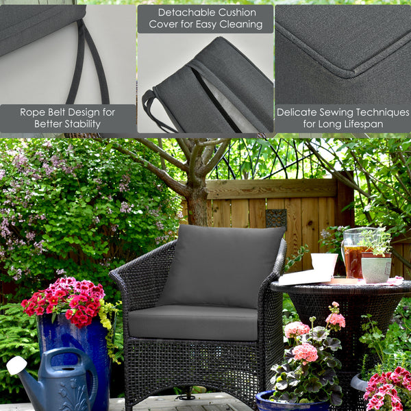 High resilience cotton for better sitting experience<br>Rope belts can firmly fix the seat cushion and are not easy to misplace during use<br>The thick and soft backrest can relieve waist soreness<br>The sun-proof function is ideal for both indoor and out