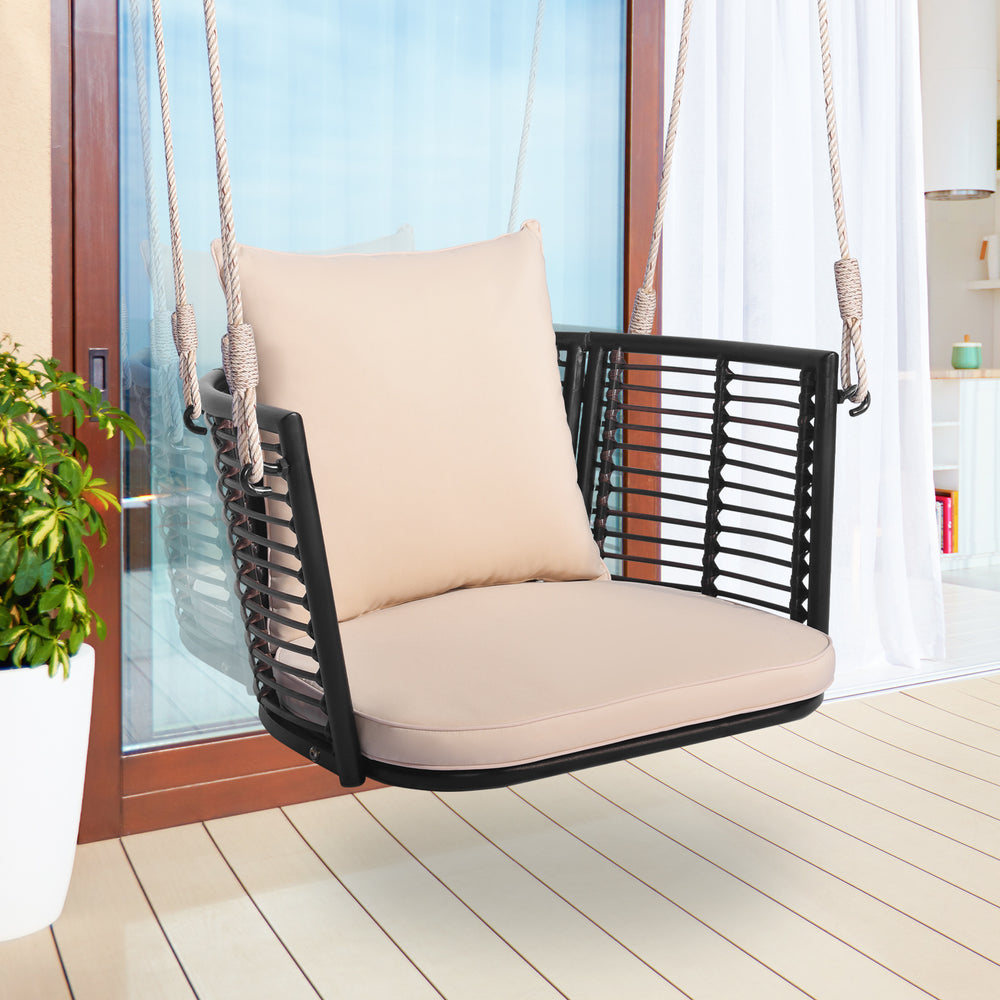 Cozy to sit with soft seat and back cushions<br>Relax yourself by swinging back and forth <br>Rustproof and stable metal frame for high stability<br>Elegant PE rattan is also durable to sue<br>Ideal for backyard  porch  garden  etc.<br>Sturdy hanging rope