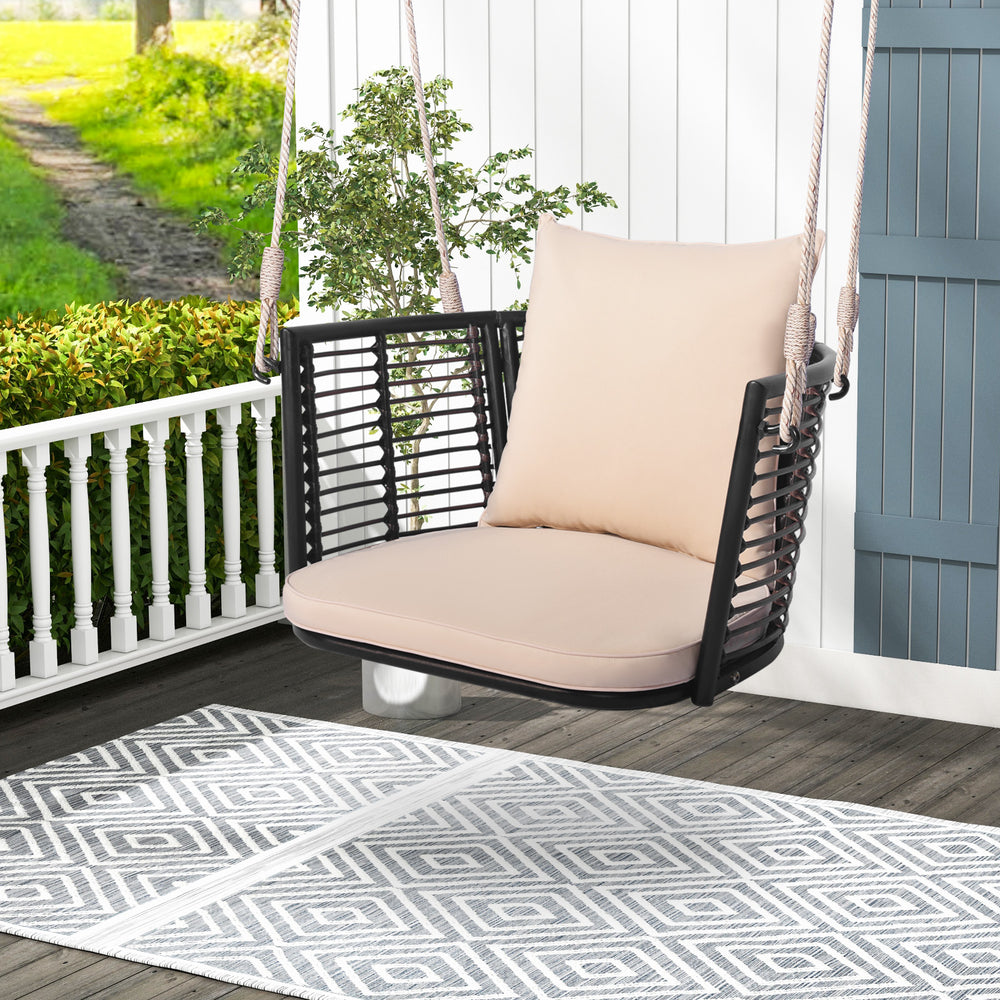 Cozy to sit with soft seat and back cushions<br>Relax yourself by swinging back and forth <br>Rustproof and stable metal frame for high stability<br>Elegant PE rattan is also durable to sue<br>Ideal for backyard  porch  garden  etc.<br>Sturdy hanging rope