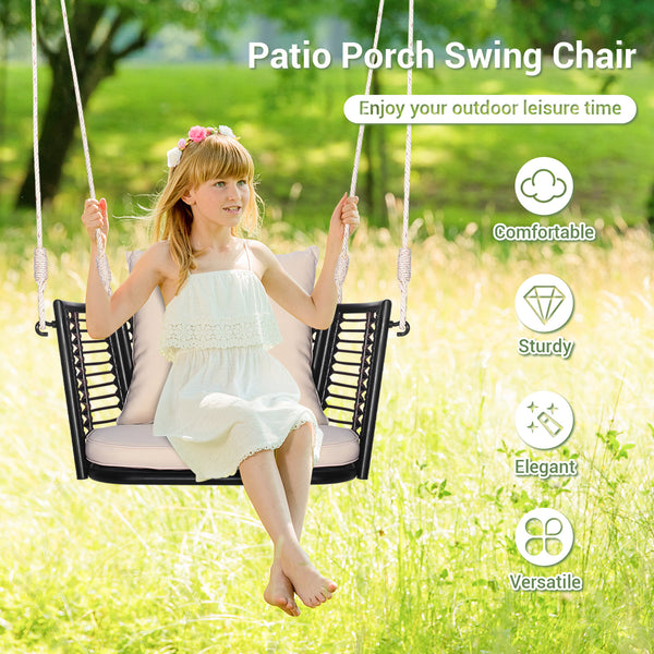 Cozy to sit with soft seat and back cushions<br>Relax yourself by swinging back and forth <br>Rustproof and stable metal frame for high stability<br>Elegant PE rattan is also durable to sue<br>Ideal for backyard  porch  garden  etc.<br>Sturdy hanging rope