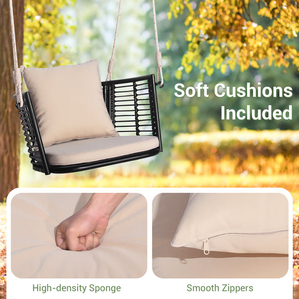 Cozy to sit with soft seat and back cushions<br>Relax yourself by swinging back and forth <br>Rustproof and stable metal frame for high stability<br>Elegant PE rattan is also durable to sue<br>Ideal for backyard  porch  garden  etc.<br>Sturdy hanging rope