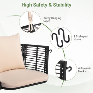 Cozy to sit with soft seat and back cushions<br>Relax yourself by swinging back and forth <br>Rustproof and stable metal frame for high stability<br>Elegant PE rattan is also durable to sue<br>Ideal for backyard  porch  garden  etc.<br>Sturdy hanging rope