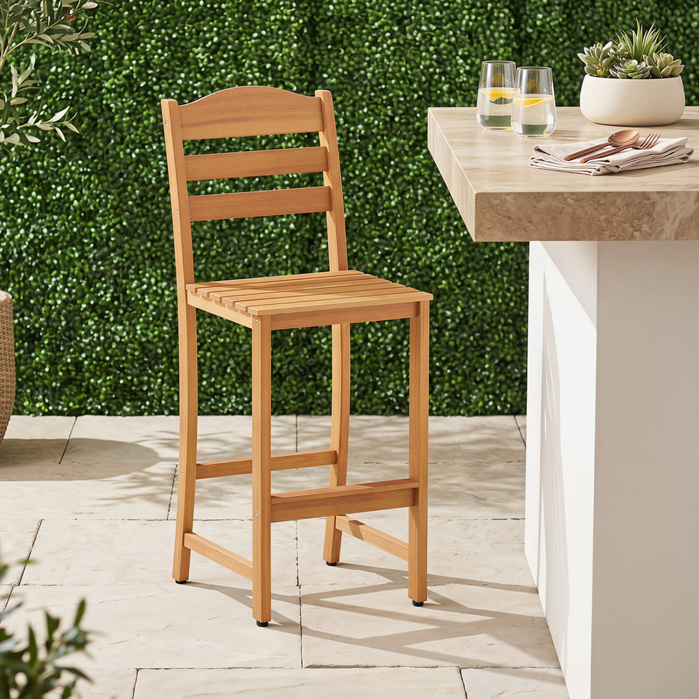 Solid acacia wood frame to create a reliable outdoor seating<br>Reinforced high strength structure loads up to 800 lbs<br>Slatted seat and back with better airflow on warm days<br>Curved backrest promotes relaxation and natural posture<br>Built-in footres