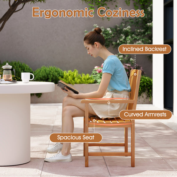 Built to last for long service life with solid acacia wood<br>Relieve spinal stress with inclined backrest<br>Offer great arm support with built-in armrests<br>Wide slatted seat for ventilated comfort<br>Enhanced robustness with thick boards and reinforce