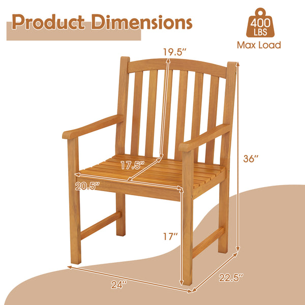 Built to last for long service life with solid acacia wood<br>Relieve spinal stress with inclined backrest<br>Offer great arm support with built-in armrests<br>Wide slatted seat for ventilated comfort<br>Enhanced robustness with thick boards and reinforce