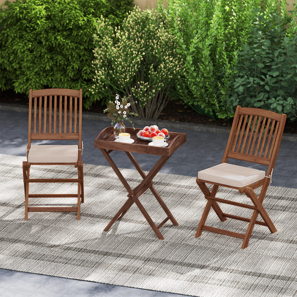 Selected teak wood is crack-resistant and built-to-last<br>Natural grain and sleek finish goes well with outdoor settings<br>Removable serving tray allows for flexible use<br>Convenient cut-out handles make it easy to pick up the tray<br>Foldable and port