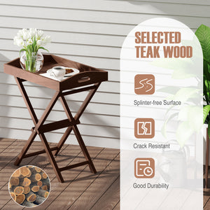 Selected teak wood is crack-resistant and built-to-last<br>Natural grain and sleek finish goes well with outdoor settings<br>Removable serving tray allows for flexible use<br>Convenient cut-out handles make it easy to pick up the tray<br>Foldable and port