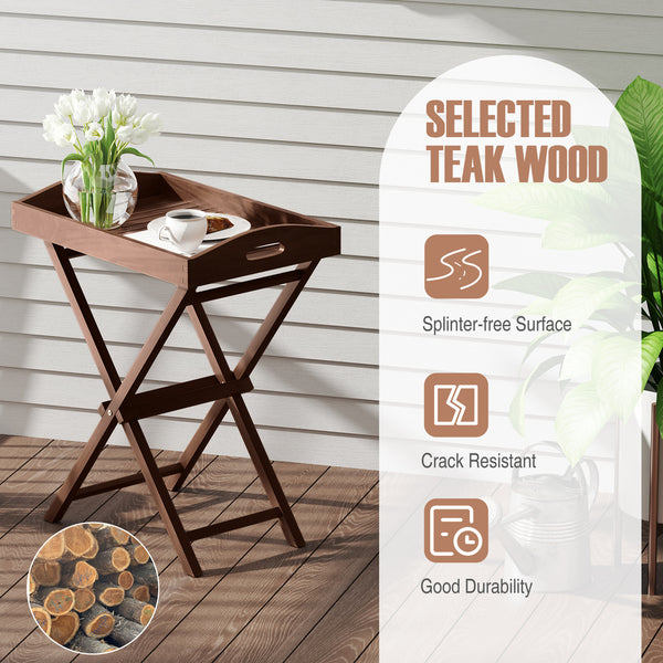 Selected teak wood is crack-resistant and built-to-last<br>Natural grain and sleek finish goes well with outdoor settings<br>Removable serving tray allows for flexible use<br>Convenient cut-out handles make it easy to pick up the tray<br>Foldable and port