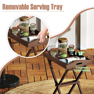 Selected teak wood is crack-resistant and built-to-last<br>Natural grain and sleek finish goes well with outdoor settings<br>Removable serving tray allows for flexible use<br>Convenient cut-out handles make it easy to pick up the tray<br>Foldable and port