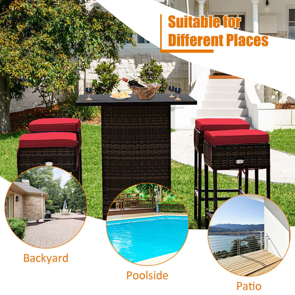 Enjoys outdoor leisure time with this 5-piece wicker bar set<br>Bar table with hidden storage space for storing different items with ease<br>Offers comfortable sitting experience with ergonomic stools with footrest<br>The waterproof cushion cover can be r