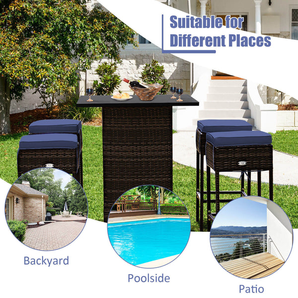 Enjoys outdoor leisure time with this 5-piece wicker bar set<br>Bar table with hidden storage space for storing different items with ease<br>Offers comfortable sitting experience with ergonomic stools with footrest<br>The waterproof cushion cover can be r