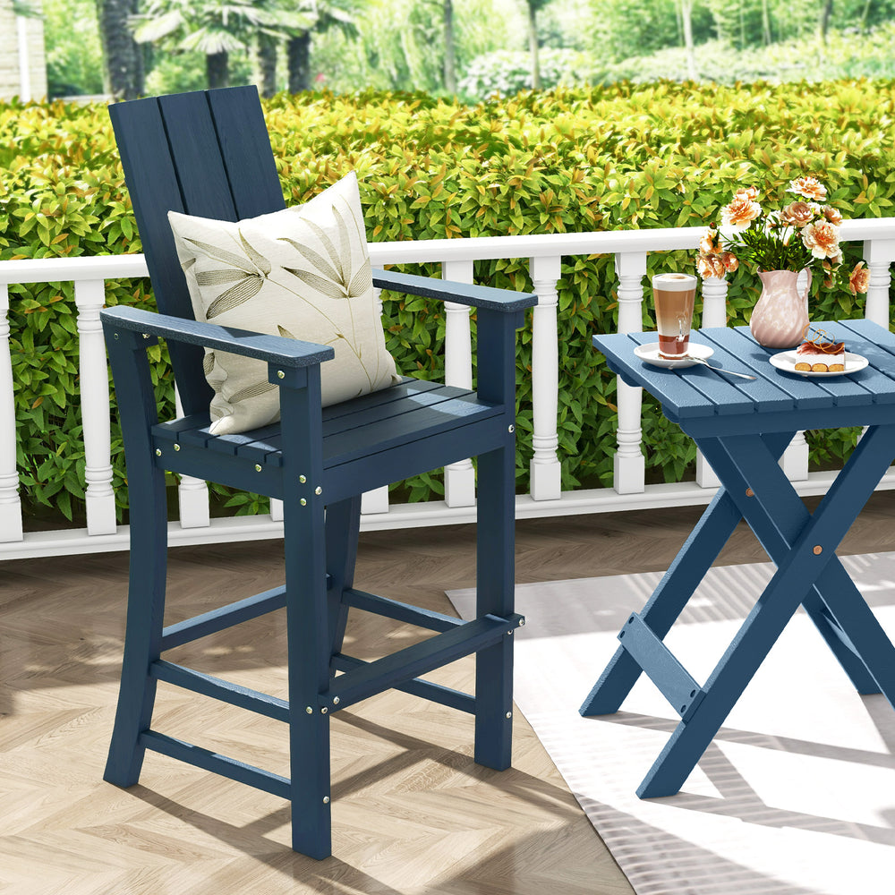 Bar height ardirondack chair matches most outdoor bar tables and counters<br>Ergonomically designed high back chair for maximum seating comfort<br>Reinforced back frame for reliable usage<br>Wide armrests to relax your arms<br>Built-in footrest to provide