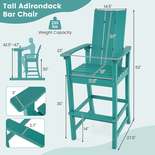 Bar height ardirondack chair matches most outdoor bar tables and counters<br>Ergonomically designed high back chair for maximum seating comfort<br>Reinforced back frame for reliable usage<br>Wide armrests to relax your arms<br>Built-in footrest to provide