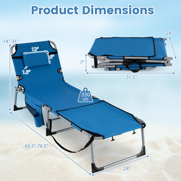 Face hole with U-shaped padding ensures comfortable lying face down<br>Arm openings provide additional relaxation during sunbathing<br>Face hole cover maintains cleanliness and offers more versatility<br>4-level adjustable backrest offers customizable rec