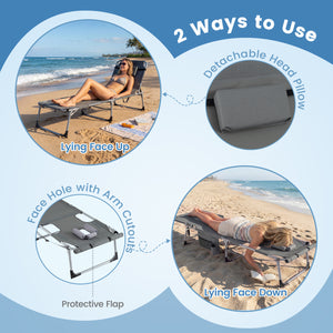 Face hole with U-shaped padding ensures comfortable lying face down<br>Arm openings provide additional relaxation during sunbathing<br>Face hole cover maintains cleanliness and offers more versatility<br>4-level adjustable backrest offers customizable rec
