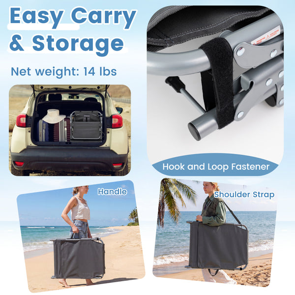 Face hole with U-shaped padding ensures comfortable lying face down<br>Arm openings provide additional relaxation during sunbathing<br>Face hole cover maintains cleanliness and offers more versatility<br>4-level adjustable backrest offers customizable rec
