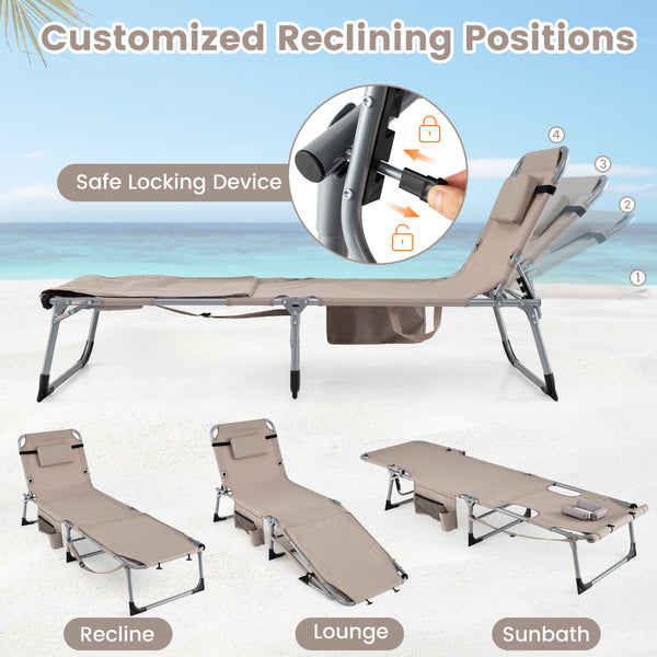 Face hole with U-shaped padding ensures comfortable lying face down<br>Arm openings provide additional relaxation during sunbathing<br>Face hole cover maintains cleanliness and offers more versatility<br>4-level adjustable backrest offers customizable rec