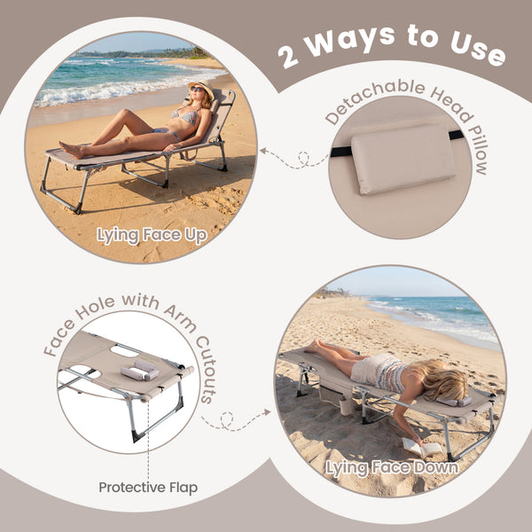 Face hole with U-shaped padding ensures comfortable lying face down<br>Arm openings provide additional relaxation during sunbathing<br>Face hole cover maintains cleanliness and offers more versatility<br>4-level adjustable backrest offers customizable rec