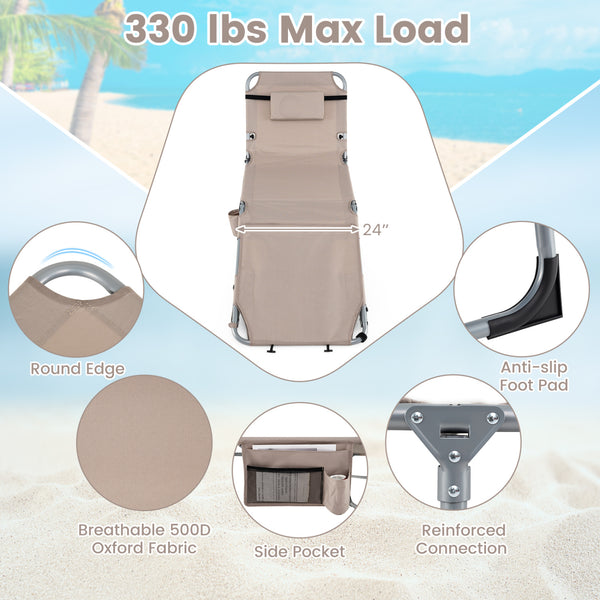 Face hole with U-shaped padding ensures comfortable lying face down<br>Arm openings provide additional relaxation during sunbathing<br>Face hole cover maintains cleanliness and offers more versatility<br>4-level adjustable backrest offers customizable rec