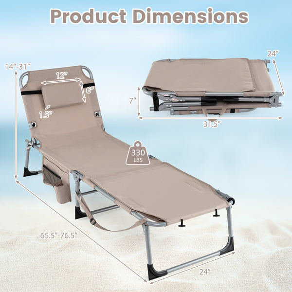 Face hole with U-shaped padding ensures comfortable lying face down<br>Arm openings provide additional relaxation during sunbathing<br>Face hole cover maintains cleanliness and offers more versatility<br>4-level adjustable backrest offers customizable rec