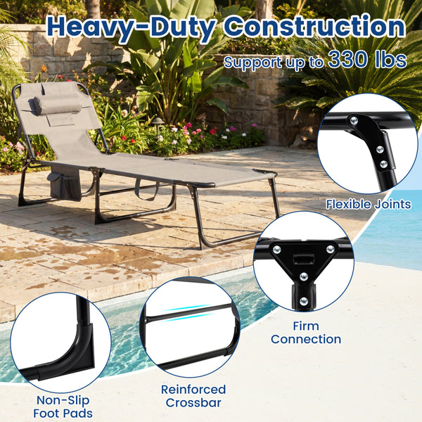 Face and arm slots for comfortable face-down lounging<br>Adjustable backrest ensures personalized reclining positions<br>Compact folding design makes it easy to transport and store<br>Equipped with a carry strap to facilitate mobility<br>Removable pillow 