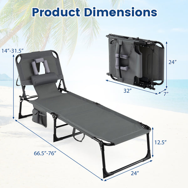 Face and arm slots for comfortable face-down lounging<br>Adjustable backrest ensures personalized reclining positions<br>Compact folding design makes it easy to transport and store<br>Equipped with a carry strap to facilitate mobility<br>Removable pillow 