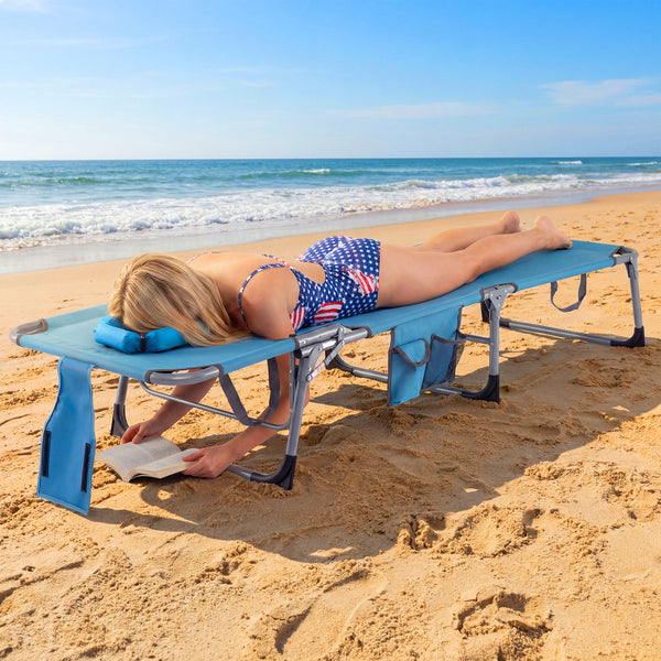 Face and arm slots for comfortable face-down lounging<br>Adjustable backrest ensures personalized reclining positions<br>Compact folding design makes it easy to transport and store<br>Equipped with a carry strap to facilitate mobility<br>Removable pillow 
