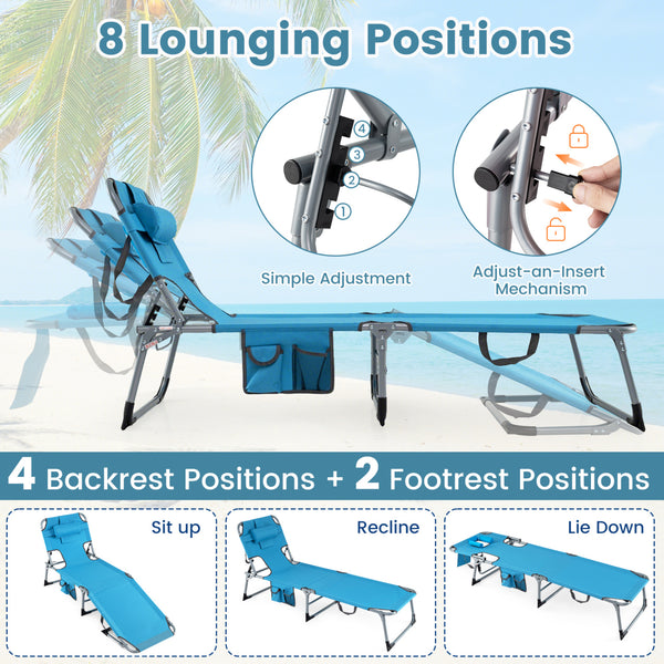 Face and arm slots for comfortable face-down lounging<br>Adjustable backrest ensures personalized reclining positions<br>Compact folding design makes it easy to transport and store<br>Equipped with a carry strap to facilitate mobility<br>Removable pillow 