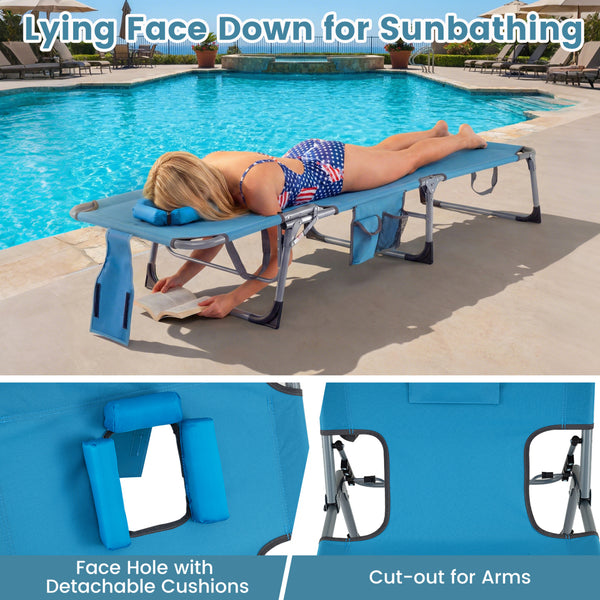 Face and arm slots for comfortable face-down lounging<br>Adjustable backrest ensures personalized reclining positions<br>Compact folding design makes it easy to transport and store<br>Equipped with a carry strap to facilitate mobility<br>Removable pillow 