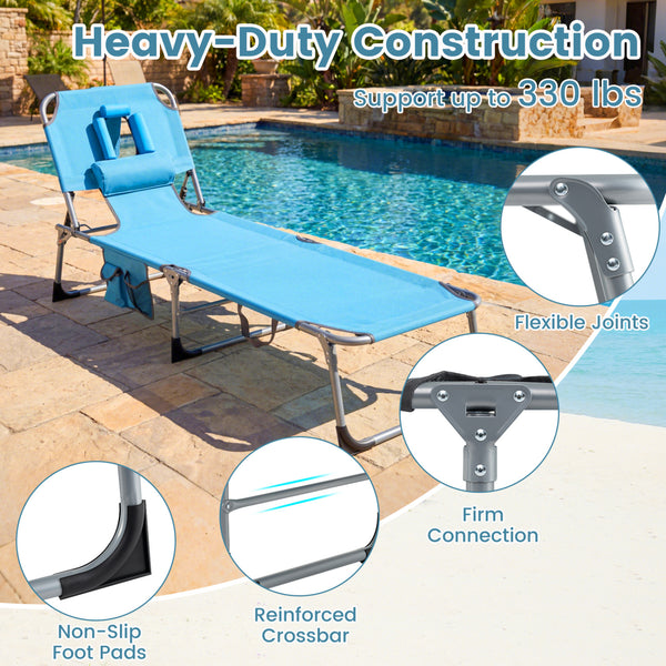 Face and arm slots for comfortable face-down lounging<br>Adjustable backrest ensures personalized reclining positions<br>Compact folding design makes it easy to transport and store<br>Equipped with a carry strap to facilitate mobility<br>Removable pillow 