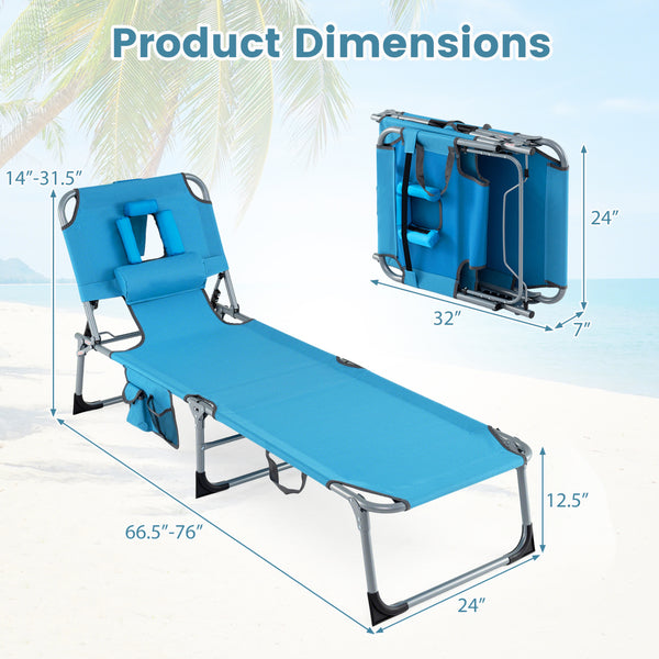 Face and arm slots for comfortable face-down lounging<br>Adjustable backrest ensures personalized reclining positions<br>Compact folding design makes it easy to transport and store<br>Equipped with a carry strap to facilitate mobility<br>Removable pillow 