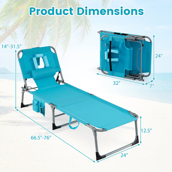 Face and arm slots for comfortable face-down lounging<br>Adjustable backrest ensures personalized reclining positions<br>Compact folding design makes it easy to transport and store<br>Equipped with a carry strap to facilitate mobility<br>Removable pillow 