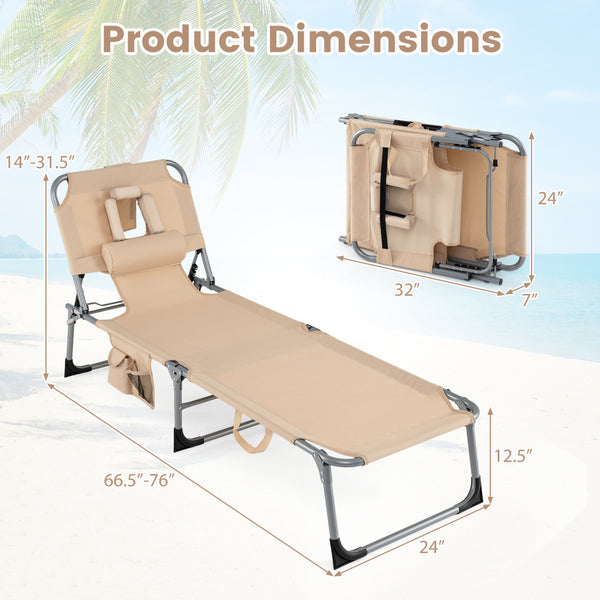 Face and arm slots for comfortable face-down lounging<br>Adjustable backrest ensures personalized reclining positions<br>Compact folding design makes it easy to transport and store<br>Equipped with a carry strap to facilitate mobility<br>Removable pillow 