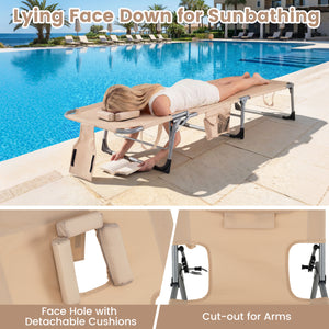 Face and arm slots for comfortable face-down lounging<br>Adjustable backrest ensures personalized reclining positions<br>Compact folding design makes it easy to transport and store<br>Equipped with a carry strap to facilitate mobility<br>Removable pillow 