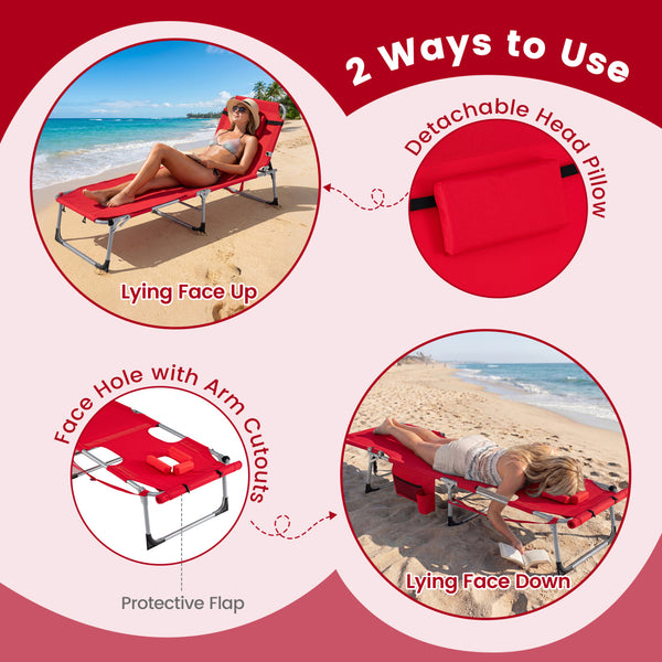 Face hole with U-shaped padding ensures comfortable lying face down<br>Arm openings provide additional relaxation during sunbathing<br>Face hole cover maintains cleanliness and offers more versatility<br>4-level adjustable backrest offers customizable rec