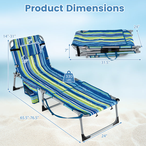 Face hole with U-shaped padding ensures comfortable lying face down<br>Arm openings provide additional relaxation during sunbathing<br>Face hole cover maintains cleanliness and offers more versatility<br>4-level adjustable backrest offers customizable rec