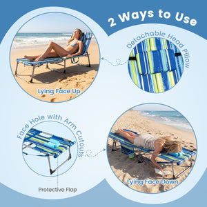 Face hole with U-shaped padding ensures comfortable lying face down<br>Arm openings provide additional relaxation during sunbathing<br>Face hole cover maintains cleanliness and offers more versatility<br>4-level adjustable backrest offers customizable rec