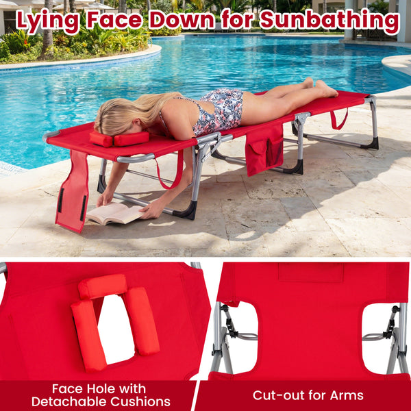 Face and arm slots for comfortable face-down lounging<br>Adjustable backrest ensures personalized reclining positions<br>Compact folding design makes it easy to transport and store<br>Equipped with a carry strap to facilitate mobility<br>Removable pillow 