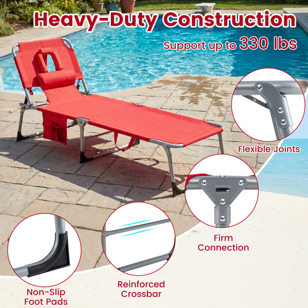 Face and arm slots for comfortable face-down lounging<br>Adjustable backrest ensures personalized reclining positions<br>Compact folding design makes it easy to transport and store<br>Equipped with a carry strap to facilitate mobility<br>Removable pillow 