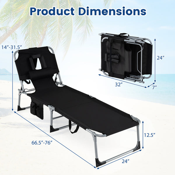 Face and arm slots for comfortable face-down lounging<br>Adjustable backrest ensures personalized reclining positions<br>Compact folding design makes it easy to transport and store<br>Equipped with a carry strap to facilitate mobility<br>Removable pillow 