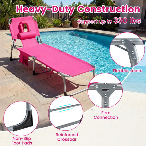 Face and arm slots for comfortable face-down lounging<br>Adjustable backrest ensures personalized reclining positions<br>Compact folding design makes it easy to transport and store<br>Equipped with a carry strap to facilitate mobility<br>Removable pillow 