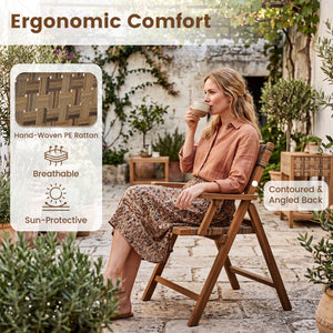 Solid teak construction easily can provide years of reliable support<br>A stable triangular structure for confidently supporting up to 400 pounds<br>Stay breathable and sun-protective with hand-woven PE rattan<br>A 110-degree contoured and angled back ens
