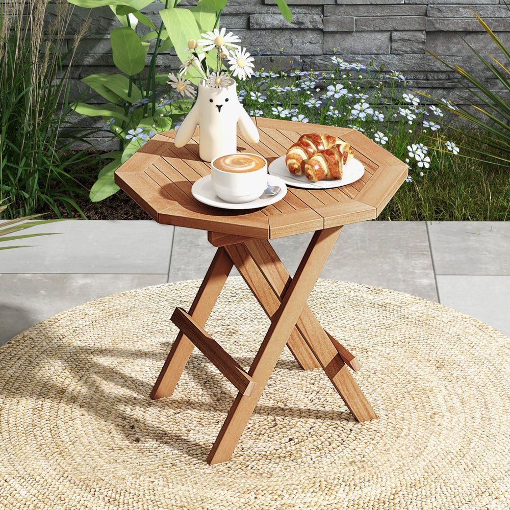 Made of premium teak wood for long-term use<br>X-shaped structure and solid crossbar for higher stability<br>Can be folded into a compact size for space-saving storage<br>9 lbs light weight for easy carrying<br>Slatted tabletop prevents water from pooling