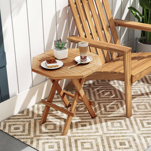Made of premium teak wood for long-term use<br>X-shaped structure and solid crossbar for higher stability<br>Can be folded into a compact size for space-saving storage<br>9 lbs light weight for easy carrying<br>Slatted tabletop prevents water from pooling