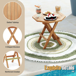 Made of premium teak wood for long-term use<br>X-shaped structure and solid crossbar for higher stability<br>Can be folded into a compact size for space-saving storage<br>9 lbs light weight for easy carrying<br>Slatted tabletop prevents water from pooling