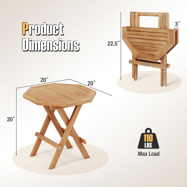 Made of premium teak wood for long-term use<br>X-shaped structure and solid crossbar for higher stability<br>Can be folded into a compact size for space-saving storage<br>9 lbs light weight for easy carrying<br>Slatted tabletop prevents water from pooling