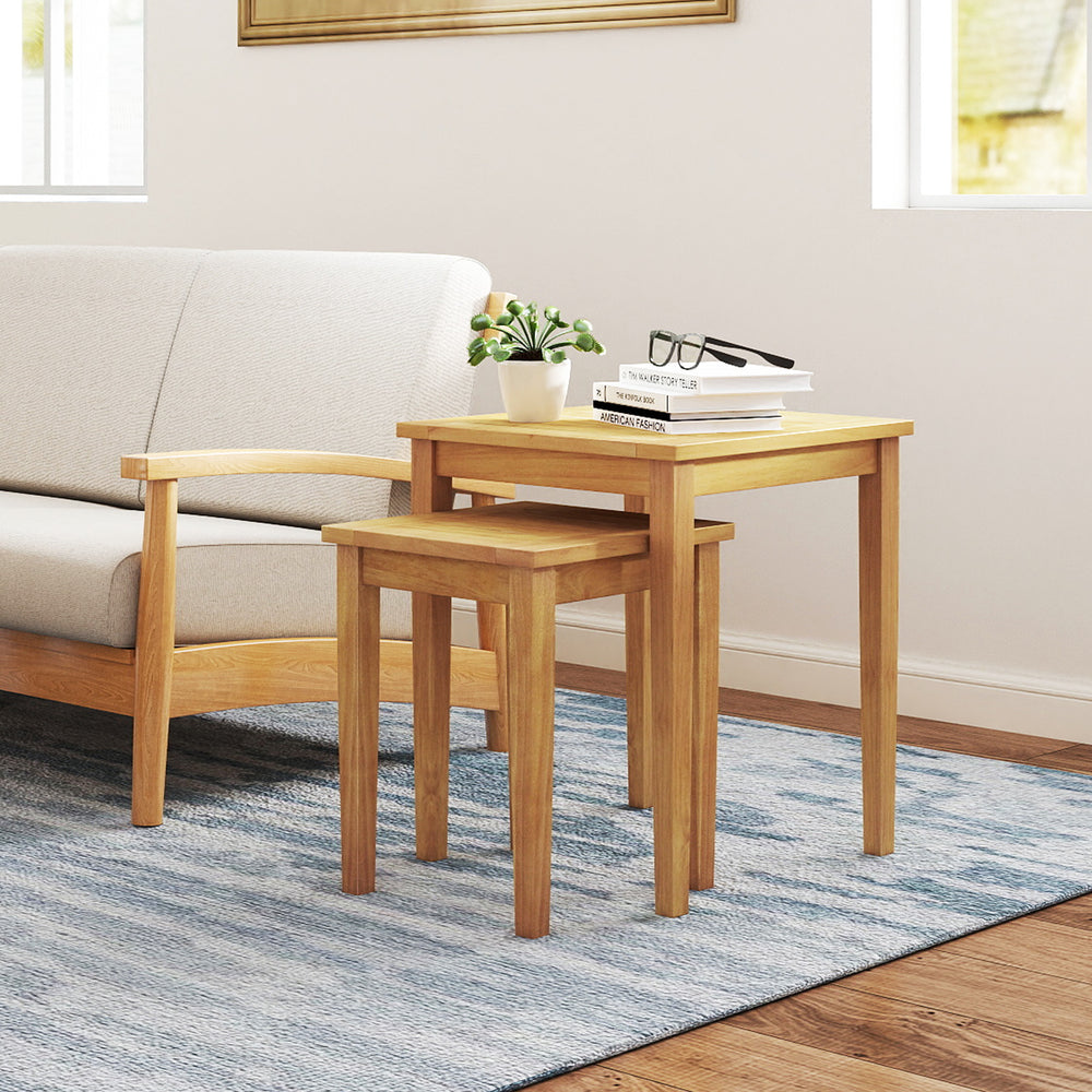 2 side tables can tuck together or separated for versatile arrangement<br>Made of premium teak wood for high stability<br>Firm screw connection strengthens the overall structure<br>Regularly care with oil to prolong the service life of teak wood<br>Natura