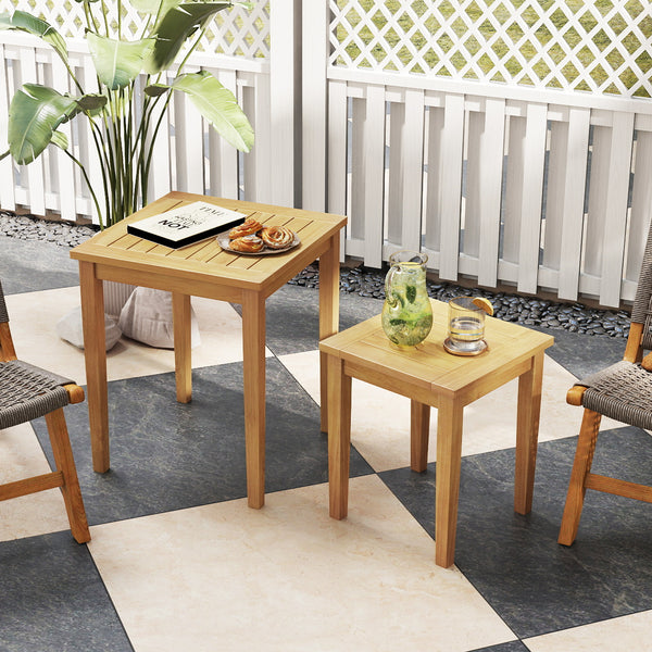 2 side tables can tuck together or separated for versatile arrangement<br>Made of premium teak wood for high stability<br>Firm screw connection strengthens the overall structure<br>Regularly care with oil to prolong the service life of teak wood<br>Natura