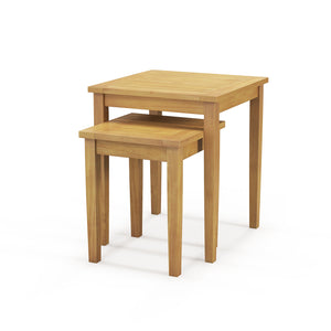 2 side tables can tuck together or separated for versatile arrangement<br>Made of premium teak wood for high stability<br>Firm screw connection strengthens the overall structure<br>Regularly care with oil to prolong the service life of teak wood<br>Natura