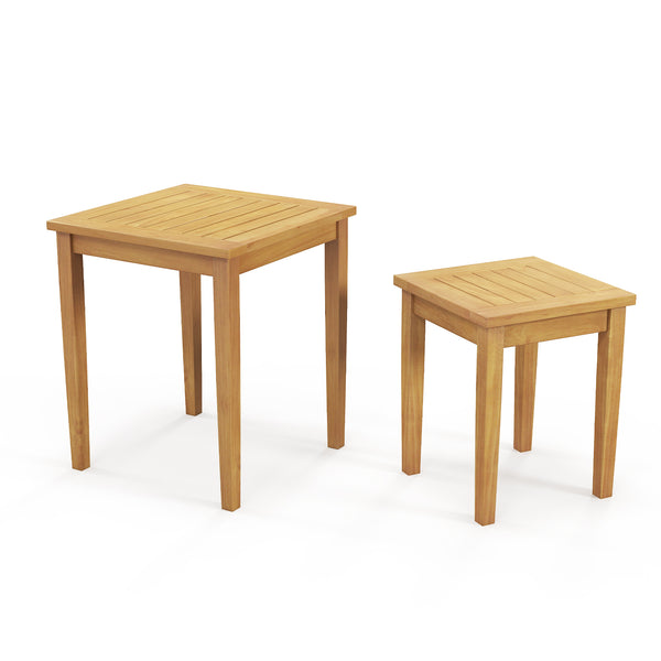 2 side tables can tuck together or separated for versatile arrangement<br>Made of premium teak wood for high stability<br>Firm screw connection strengthens the overall structure<br>Regularly care with oil to prolong the service life of teak wood<br>Natura